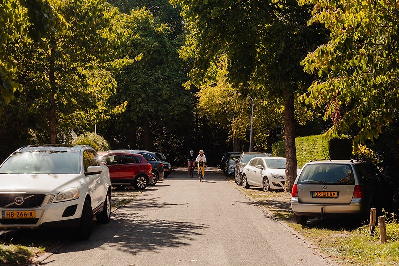 Een gele auto op een stedelijke weg met bomen en een parkeerplaats.