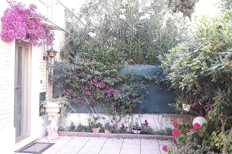 Giardino privato con portone di ingresso della casa