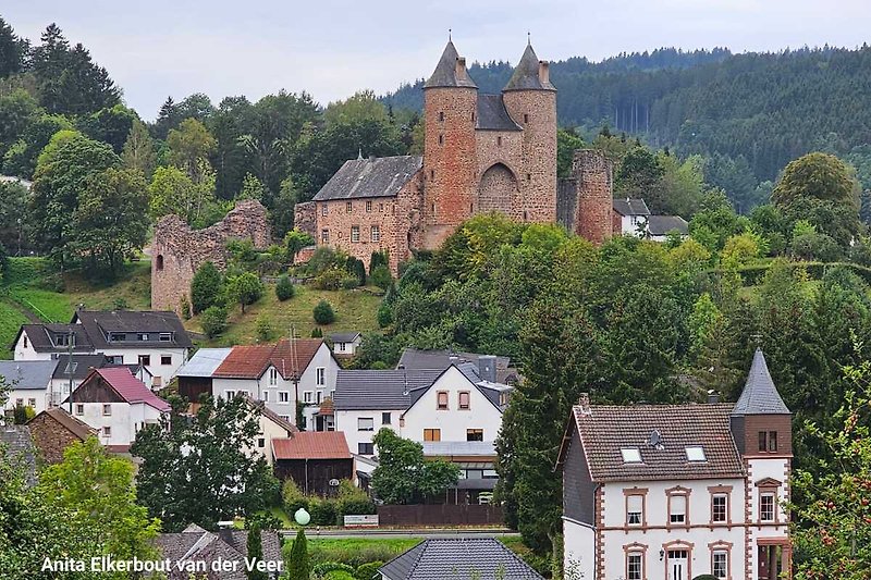 Prachtig middeleeuws huis met toren, omringd door groen en bergen.