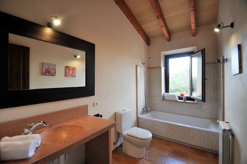 Hermoso baño con lavabo de diseño y ventana de madera.