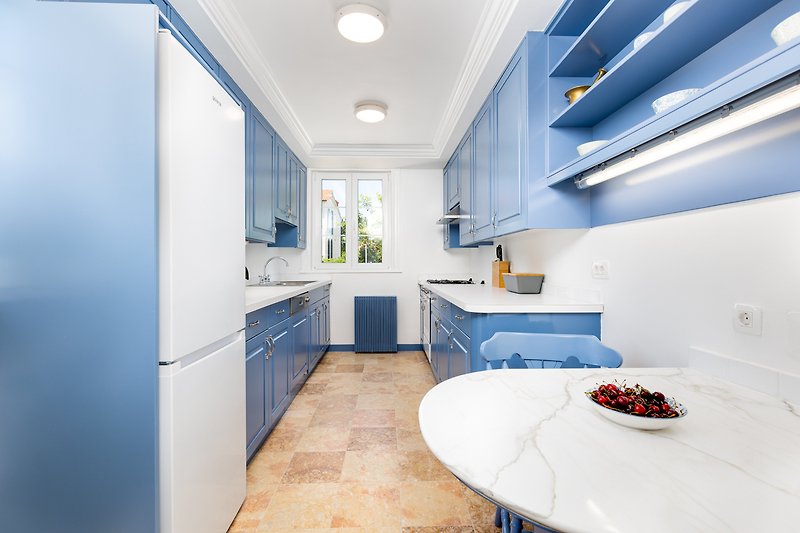 The blue kitchen in the rustic villa is a charming and inviting space that exudes a sense of warmth and tranquility