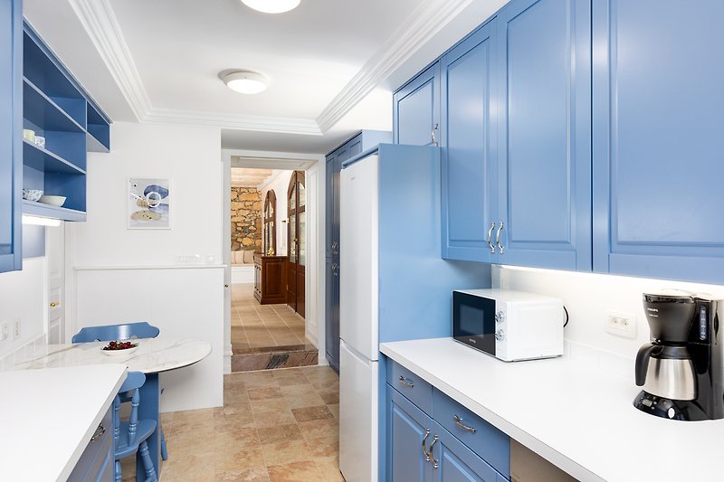 A well-equipped kitchen with stylish cabinetry and a blue countertop.
