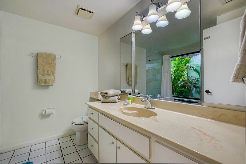 Moderne Badezimmerausstattung mit Spiegel, Waschbecken und Holzboden.