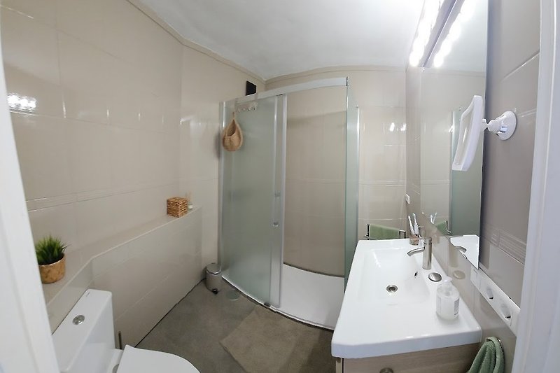 Modernes Badezimmer mit Dusche, Spiegel und Pflanze.