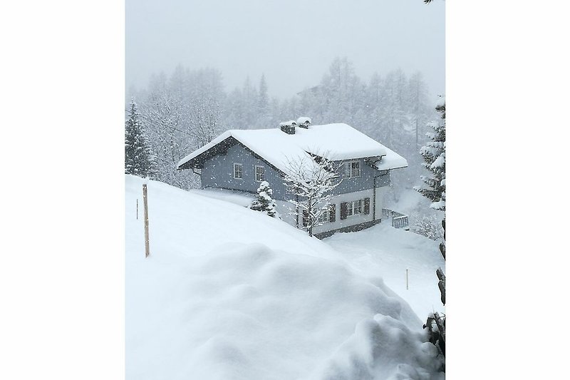 Winterliches Ferienhaus mit verschneitem Dach, Fenster und umgeben von Bäumen und Bergen.