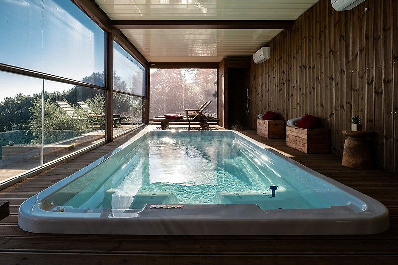 Spa coperta: vasca nuoto controcorrente con lettini e sedute idromassaggio, doccia sensoriale, solarium panoramico