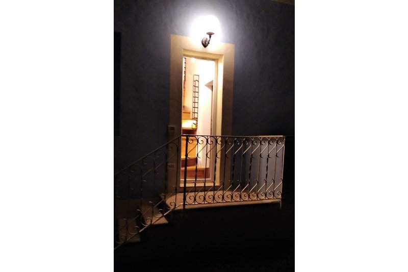 Un ingresso dal giardino: particolarissima scala moderna in legno con balaustra originale liberty in ferro battuto.