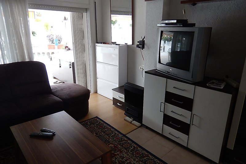 Gemütliches Wohnzimmer mit Fernseher, Couch und Holzboden.