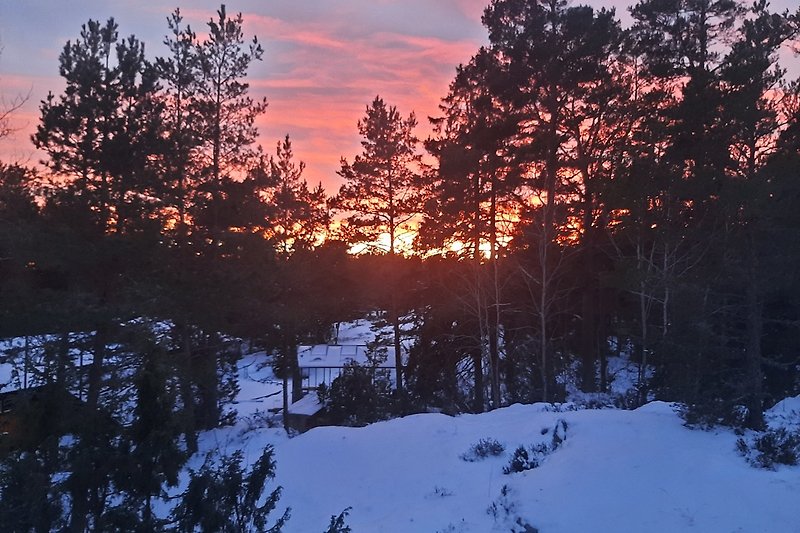 A picturesque winter scene and a beautiful sunset