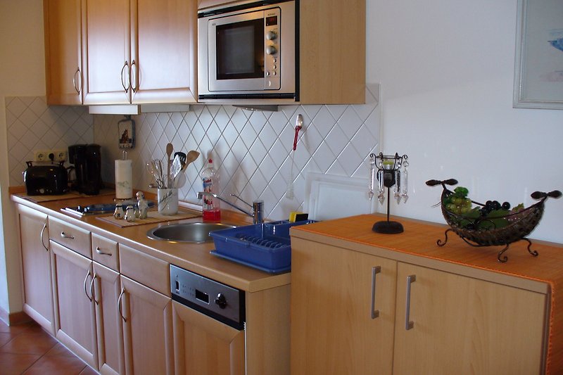 Küche - Abzugshaube, 2 Kochplatten, Mikrowelle, Spülbecken, Geschirrspüler , Kühlschrank mit Eisfach und Gerätschaften