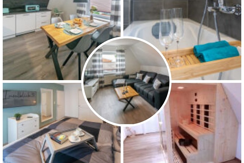 Stilvolles Wohnzimmer mit elegantem Holzmöbel, rechteckigem Tisch und Metallstühlen.