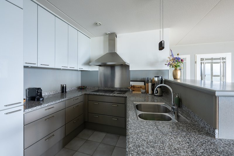 Moderne Küche mit Aluminiumdetails und Gasofen.