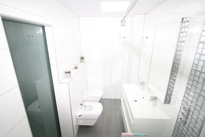 Modernes Badezimmer mit stilvollem Spiegel, Hängetoilette und Bidet.