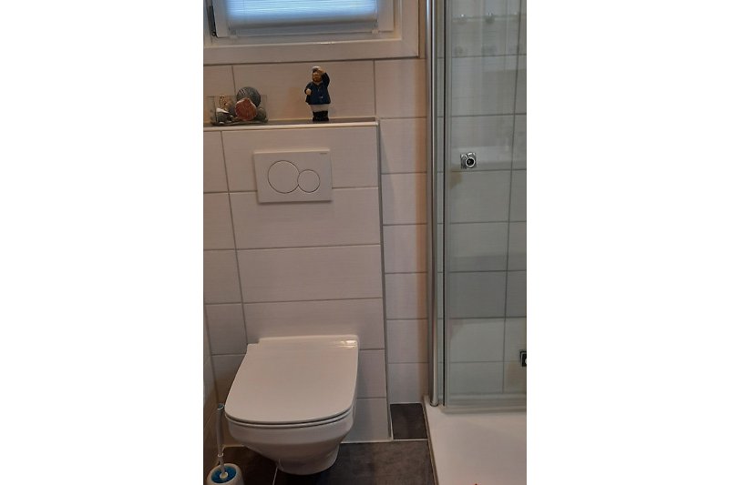 Badezimmer mit Toilette, Holzboden und Keramikfliesen.