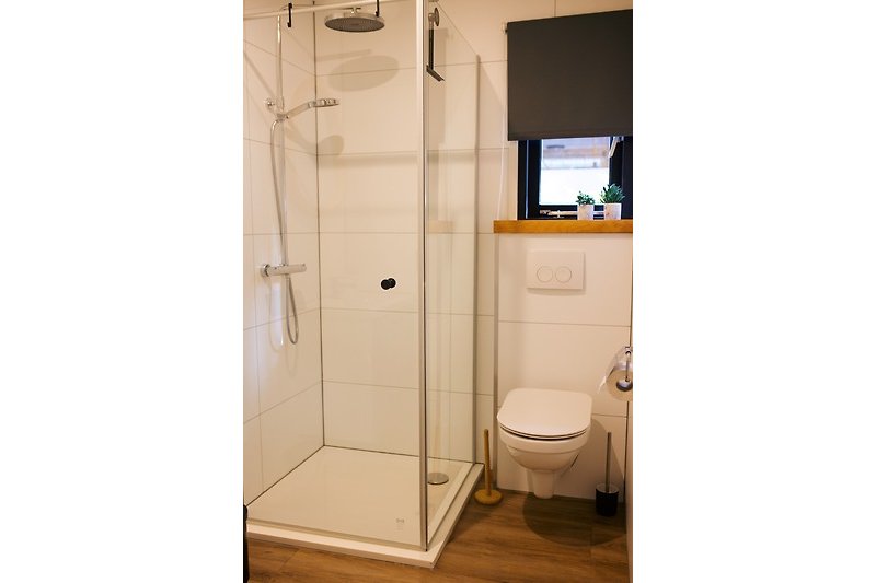 Moderne badkamer met glazen douchewand, douche en toilet.
