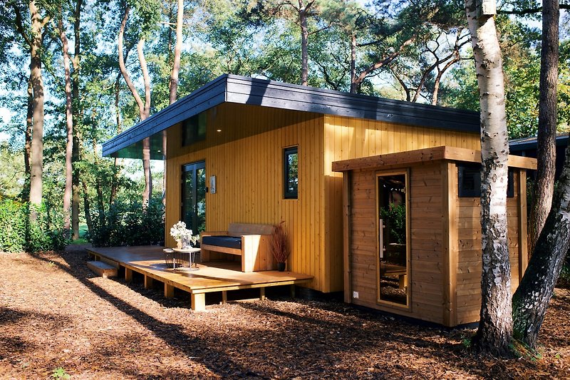 Een charmante cottage met een houten veranda en een groene omgeving.