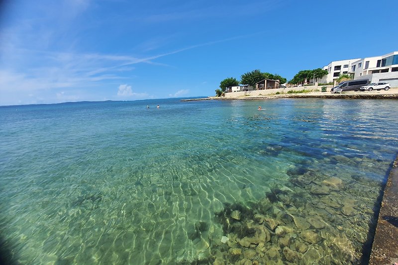 Karibische Küstenlandschaft mit Palmen, Strand und azurblauem Meer.