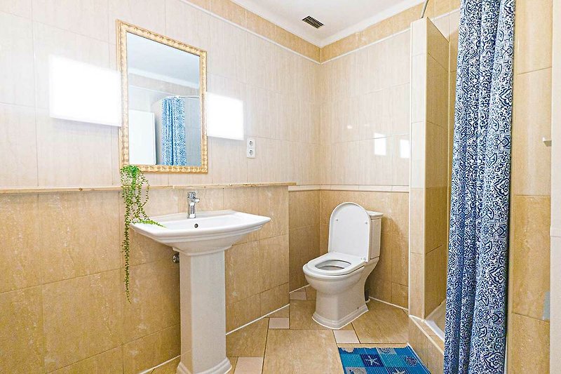 Salle de douche avec miroir, lavabo et WC, accolés aux chambres. Design intérieur élégant.