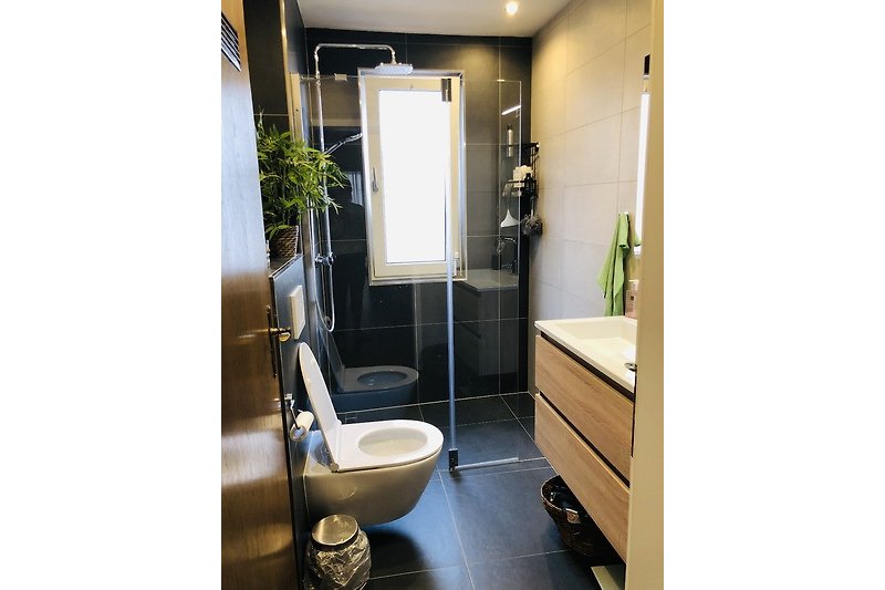 Een moderne badkamer met een comfortabel toilet en een glazen douchecabine.