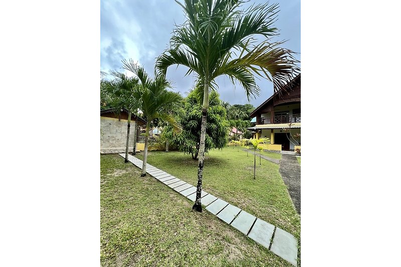 Una casa con giardino tropicale, palme e un prato curato.
