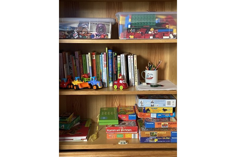 Holzregal mit Büchersammlung, Spielen, Malstiften Lego und Puzzles .