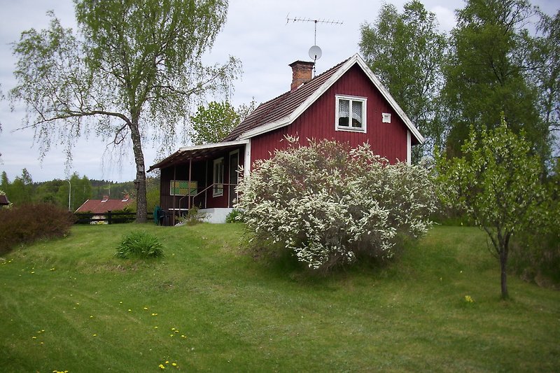 Schönes Haus mit blühenden Pflanzen und grünem Garten.