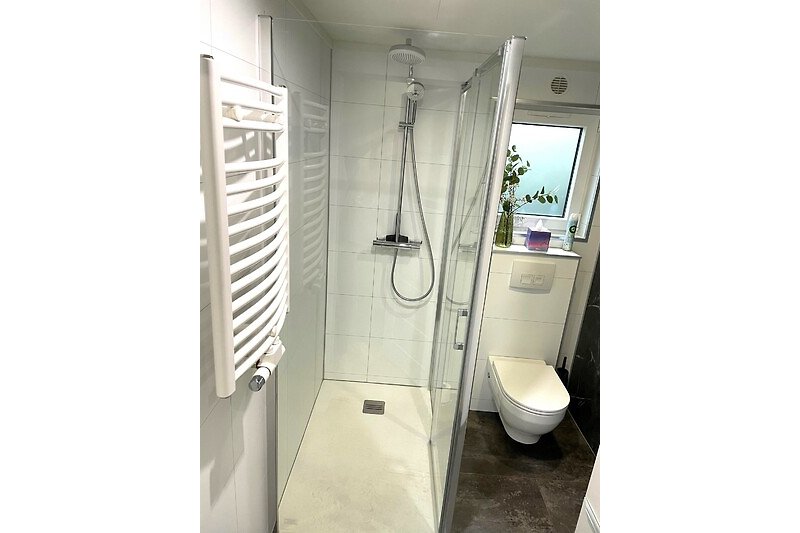 Modernes Badezimmer mit begehbarer Dusche, Toilette, Heizung und Waschtisch