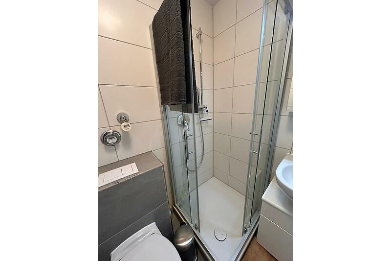 Stilvolles Badezimmer mit modernen Armaturen und gläserner Duschtür.