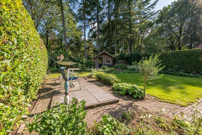 A charming cottage surrounded by lush greenery and a well-maintained garden.