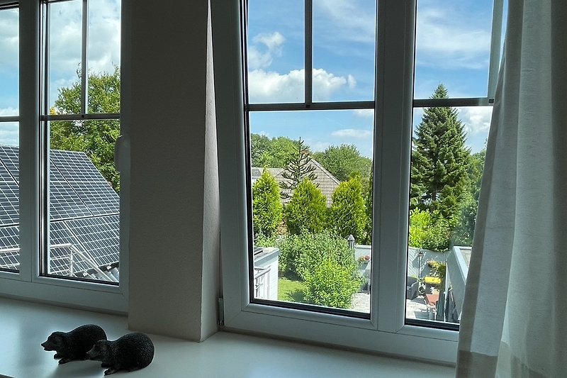 Großes Fenster mit Vorhängen, Blick auf Bäume und blauen Himmel.