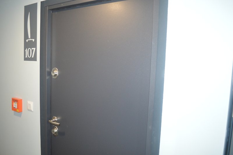 Moderne Tür mit Aluminiumgriff und Glas, umgeben von Holz und Metall.