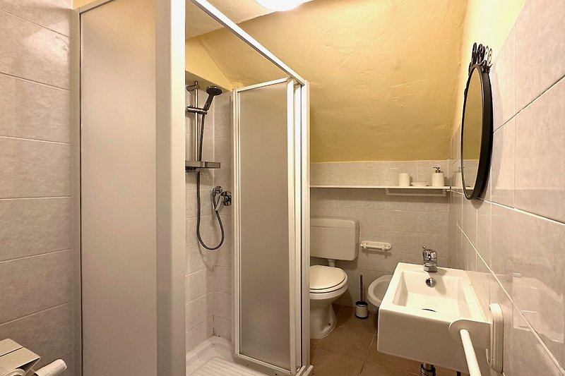 Un bagno moderno con doccia, lavabo, water e bidet.