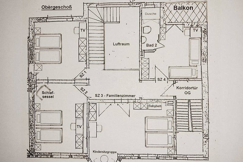 Grundriss Obergeschoss, zu dem SZ 4 gibt es mehrere Stelloptionen für die Betten, hier mit 2 Einzelbetten