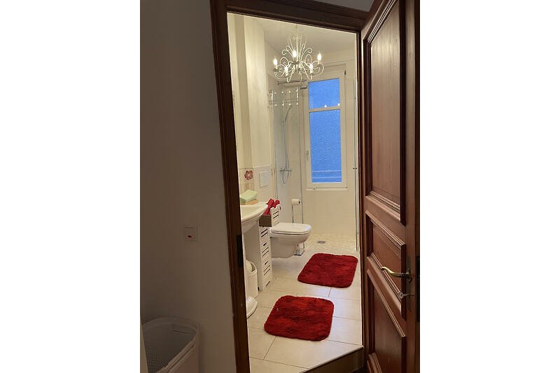 Blick in das Badezimmer im OG mit Tageslicht und Dusche vor dem Fenster.