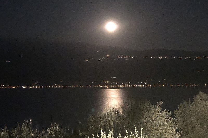 Dalla zona notte, una vista notturna del lago con la luce della luna