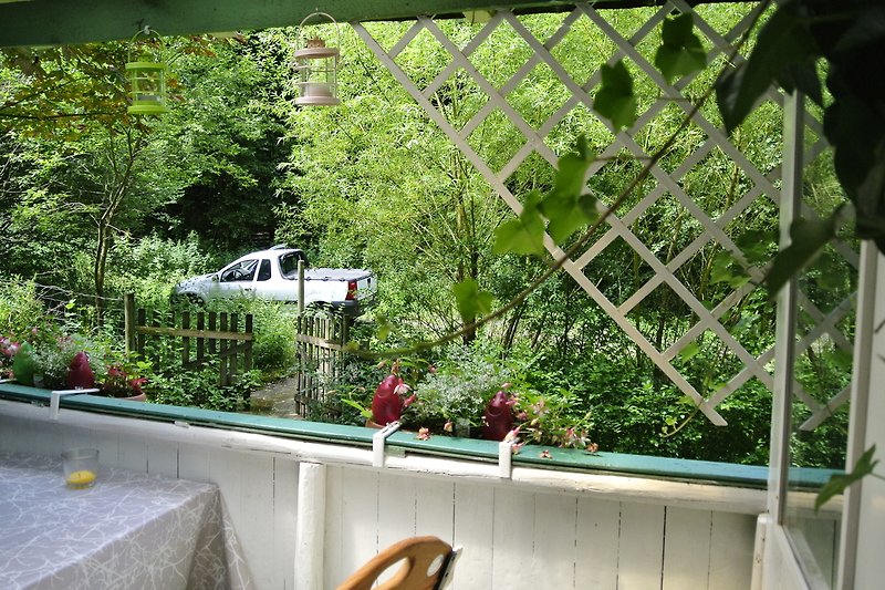 Die Hütte ist umgeben einzig mit grüner Landschaft, sonst nichts. Fahrzeug kann man direkt vor dem Gartentor abstellen.