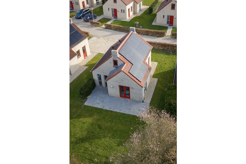 Prachtig huis met rieten dak, grote ramen en groene tuin.