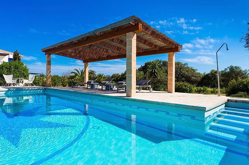 Schwimmbad mit blauem Wasser und Sonnenliegen unter Palmen.