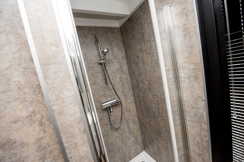 Moderne badkamer met glazen douchewand, metalen douchekop en houten deur.