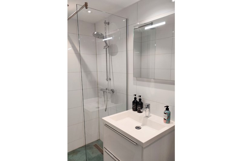 Modernes Badezimmer mit Glasdusche, Aluminiumarmaturen und Spiegel.