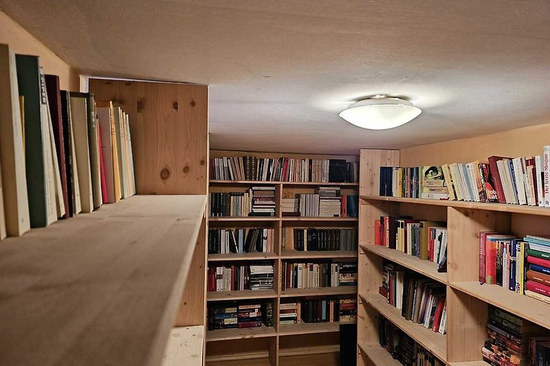 Gemütliche Leseecke mit Holzregal und Büchern.