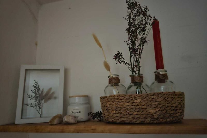Ein stilvolles Zimmer mit einer Pflanze, Holzwand und einer Glasvase.