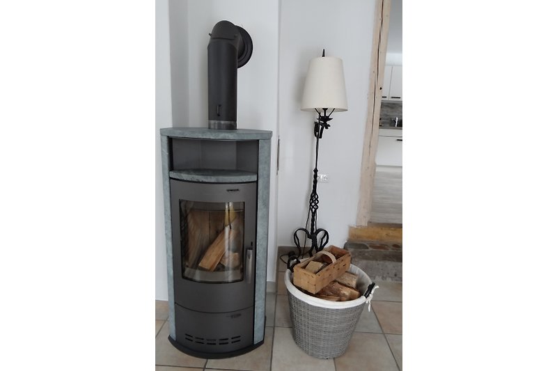 Gemütlicher Kaminofen mit gratis Brennholz im Wohnzimmer