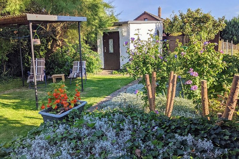 Ein idyllischer Garten mit blühenden Pflanzen und einem charmanten Haus.