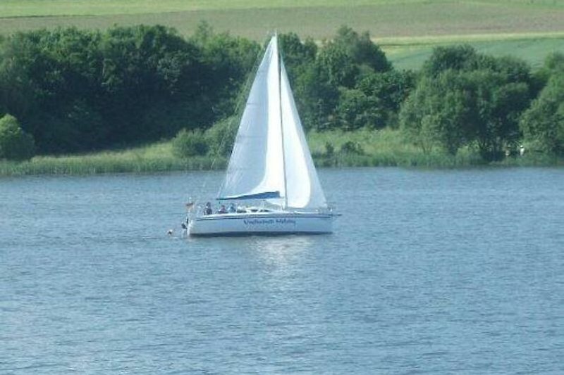 Bild mit Booten, Wasser und grüner Landschaft. Perfekt für Wassersport und Erholung.