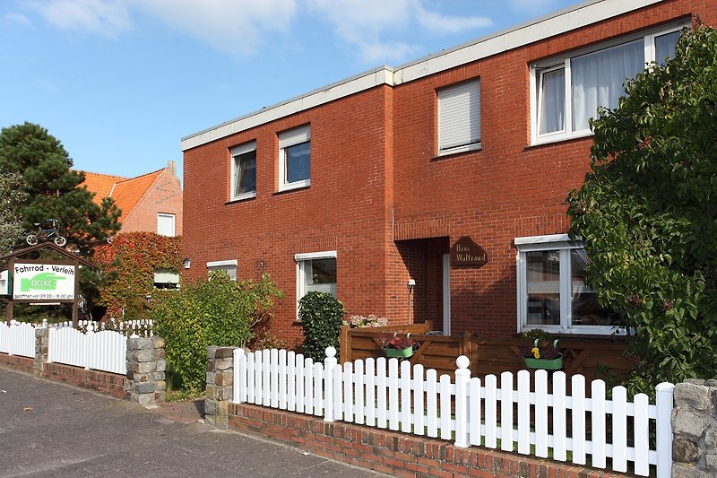 Grüner Garten mit Hecke, Zaun und Einfahrt.