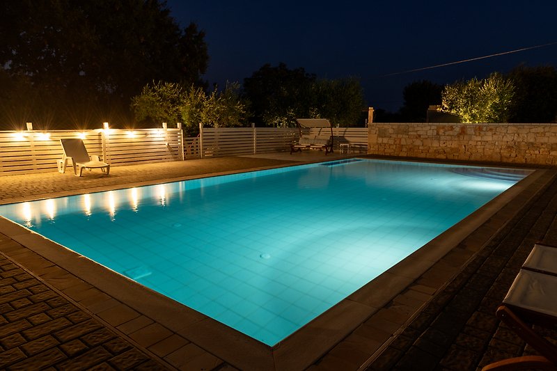 Una piscina rettangolare con acqua azzurra circondata da piante e arredi esterni.