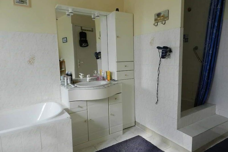 Schönes Badezimmer mit WC, Waschtisch, Dusche und Badewanne. Ein separates WC ist auch vorhanden.