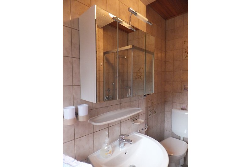 Badezimmer mit einer eleganten Waschbeckenarmatur und einem Spiegelschrank