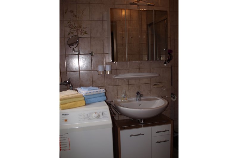 Badezimmer mit  Waschbecken , Spiegel, Waschmaschine